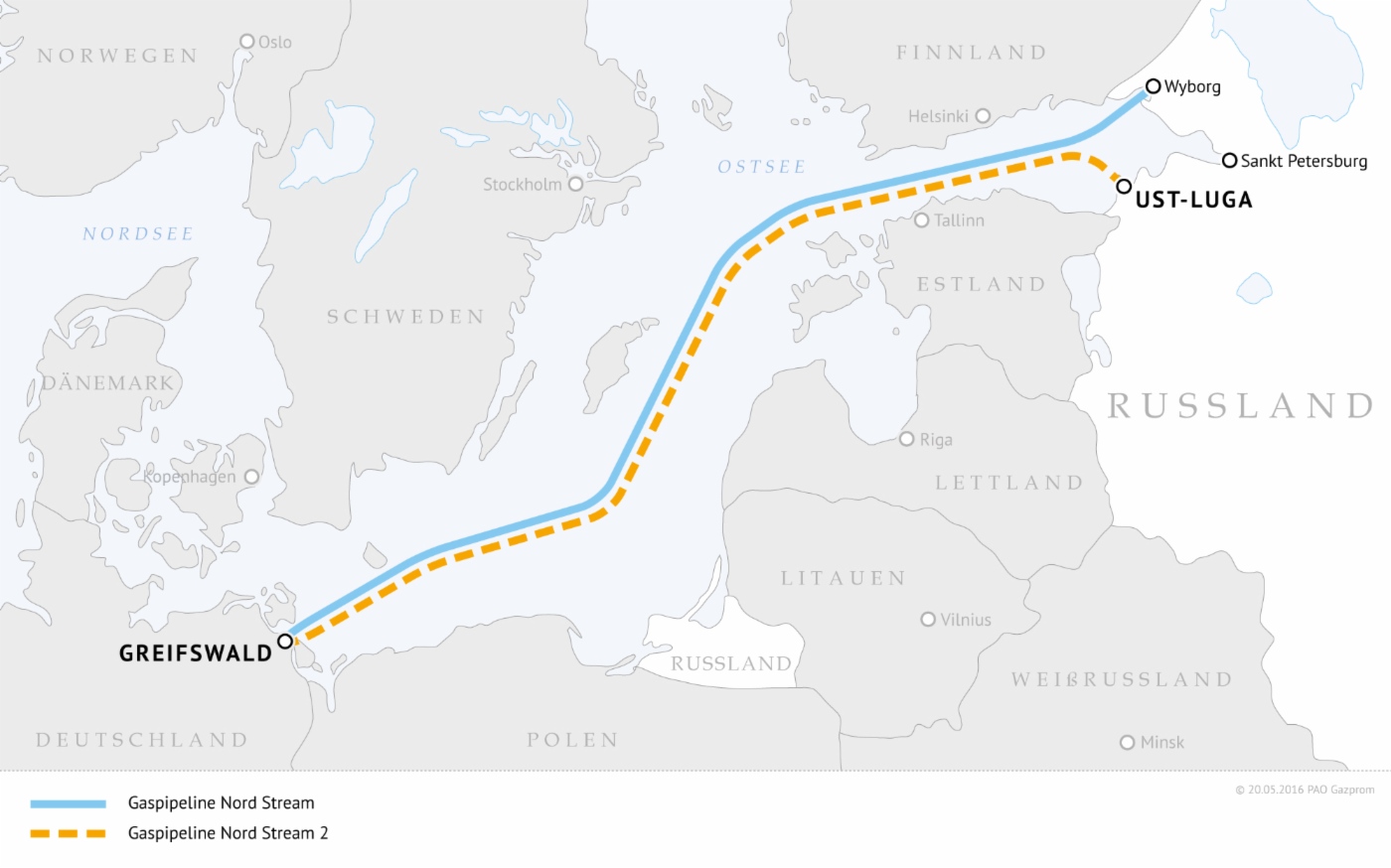 Die Routen der Gaspipelines Nord Stream und Nord Stream 2
