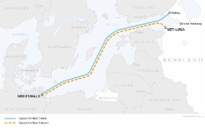 Die Routen der Gaspipelines Nord Stream und Nord Stream 2