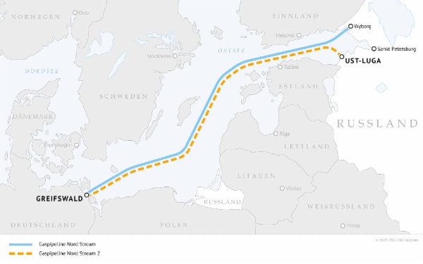 Die Routen der Gaspipelines Nord Stream und Nord Stream 2
