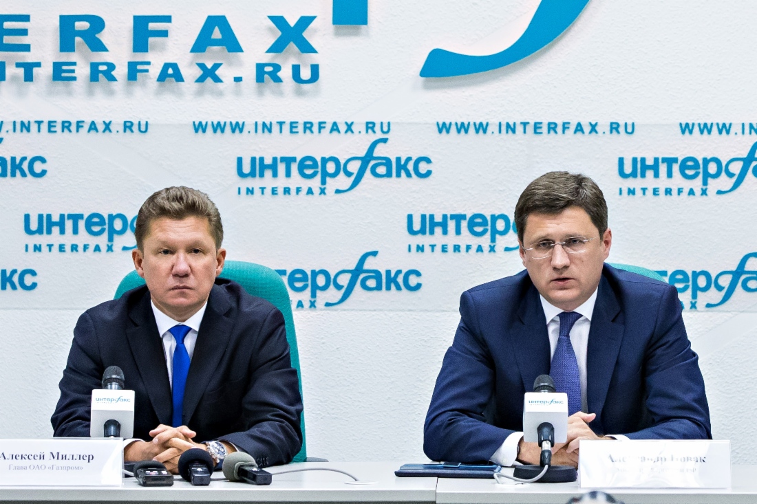 Alexey Miller und Alexander Novak während der Pressekonferenz zum Thema Gaslieferungen in die Ukraine