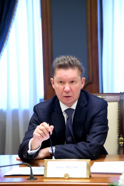 Alexey Miller während des Treffens mit dem CEO der Linde AG, Wolfgang Büchele