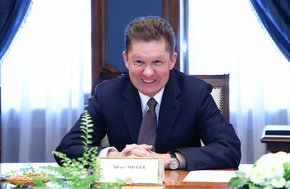 Alexey Miller während des Arbeitstreffens mit dem CEO der Linde AG, Aldo Belloni