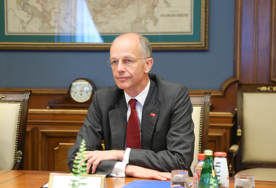 Vorstandsvorsitzender der BASF SE, Kurt Bock, während des Arbeitstreffens mit Alexey Miller