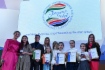 Von links nach rechts: Alla Shishkina, russische Synchronschwimmerin, mehrfache Gewinnerin der Welt- und Europameisterschaften, Olympiasiegerin und European-Champions-Cup-Besitzerin, Darya Taskaeva, Mark Drozdov, Maria Zakharova, Miroslava Miroshnichenko und Siegerteam des Medienkanals „Awrora“