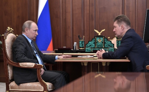 Vladimir Putin und Alexey Miller während des Arbeitstreffens. Foto: kremlin.ru