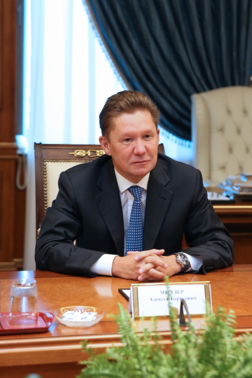 Alexey Miller während des Arbeitstreffens mit Vladimir Semashko