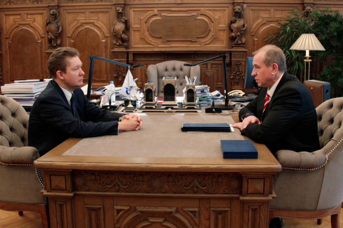 Arbeitstreffen zwischen Alexey Miller und dem Gouverneur des Verwaltungsgebietes Irkutsk, Sergey Levchenko, in Sankt Petersburg