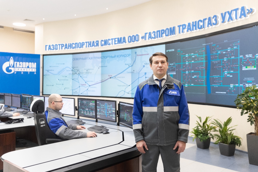 Der Generaldirektor der Gazprom Transgaz Ukhta (Betreiber der Gaspipelines Uchta – Torschok und Uchta – Torschok 2), Alexander Gaivoronsky, während der Liveschaltung mit dem Präsidenten der Russischen Föderation, Vladimir Putin, und Alexey Miller