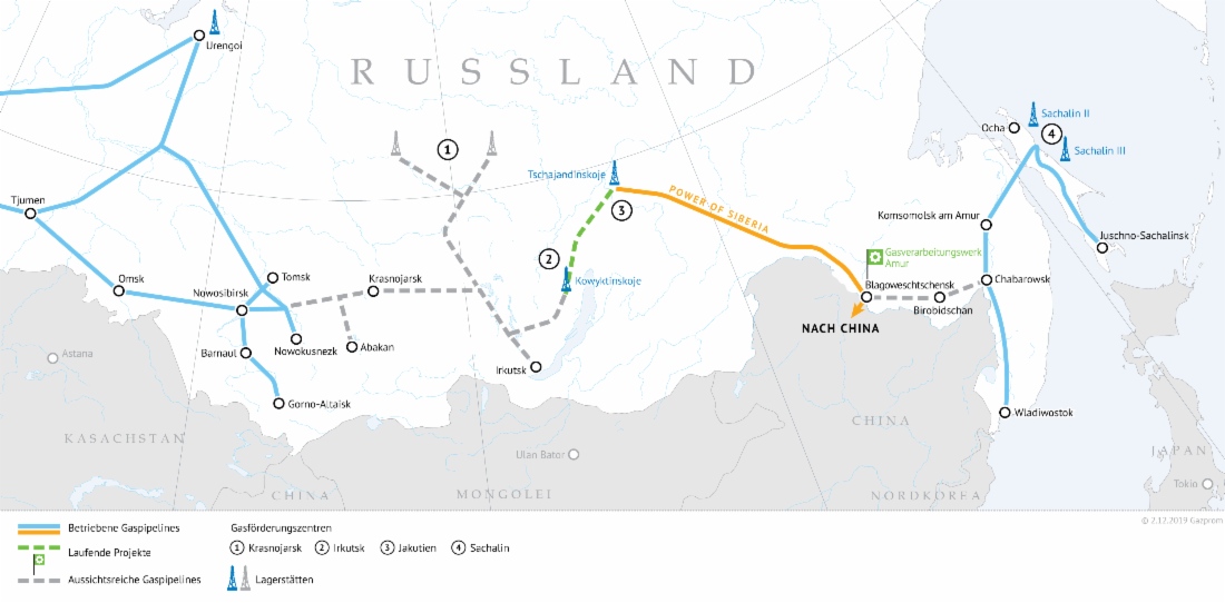 Gazprom startete erste Pipelinelieferungen von russischem Erdgas nach China